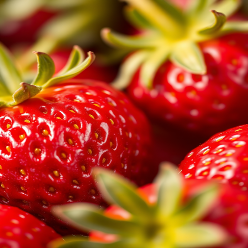 close-up shot of vibrant red strawberries with detailed textures, soft-focus background, natural light, macro lens, f/2.8 aperture, 100mm lens, ISO 100, DSLR camera, shallow depth of field