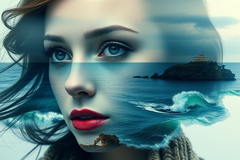 this photo is Book cover, A surreal double exposure portrait that blends a woman's face with a beautiful seascape. The overall mood is dreamy and mystical, with rich colors and intricate details