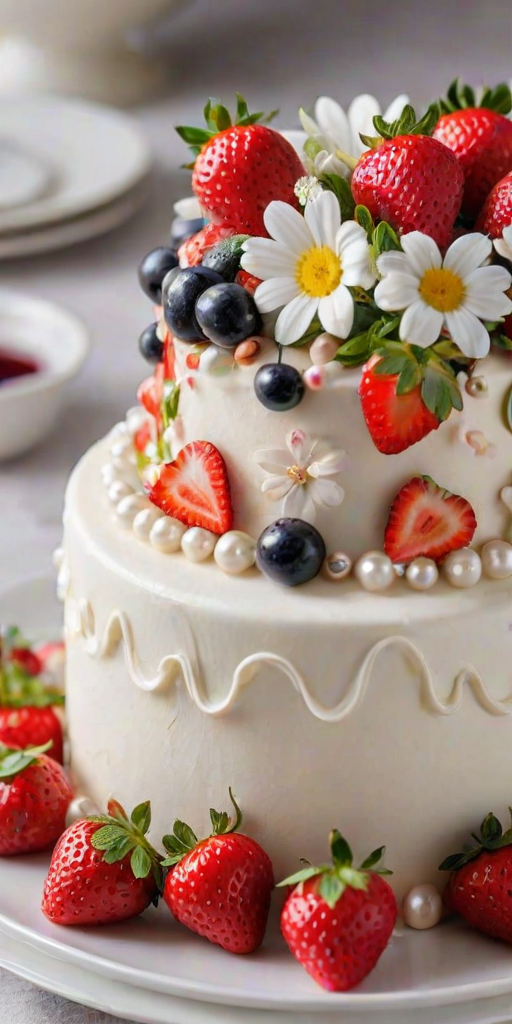 Create an image of a beautifully decorated cake on a white plate. The cake should be topped with an assortment of fresh strawberries, cherries, and delicate edible flowers in various colors. Include small decorative elements like silver pearls and a creamy frosting layer. The background should be simple and dark to highlight the vibrant colors of the cake and its decorations.