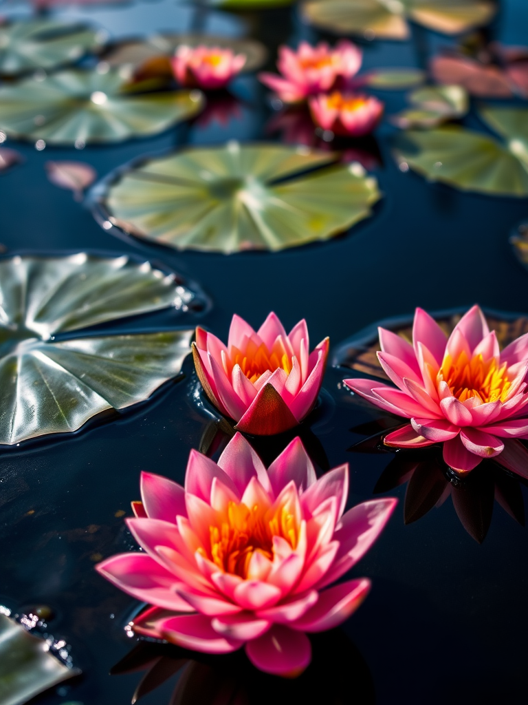 water lily pads on a still pond with vibrant colors and reflections, shot with a DSLR camera at f/2.8 aperture, 1/500 sec shutter speed, ISO 200, using a macro lens from a low angle to capture detail and depth.