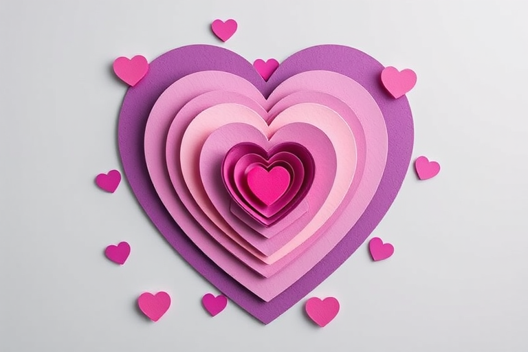 Create an image of multiple concentric hearts in varying shades of purple and pink against a light gray background, using a digital art style with high resolution, shot with a Canon EOS 5D Mark IV at f/11, ISO 100, and a 50mm lens to enhance detail.