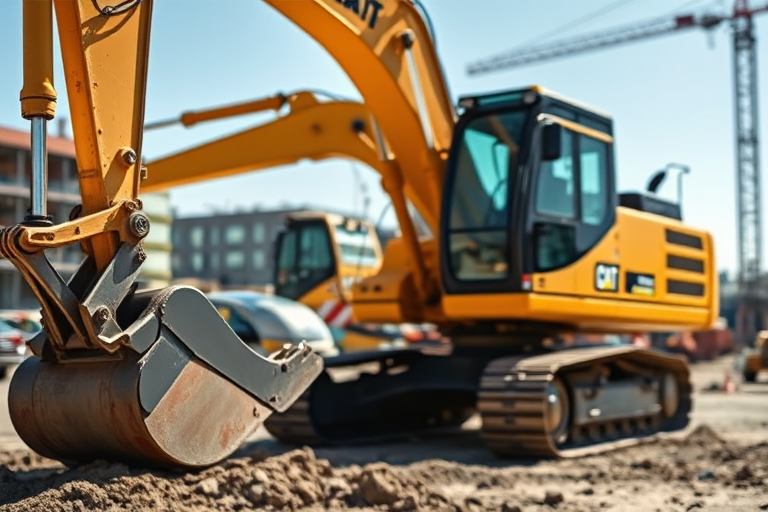 excavator on a construction site, bright daylight, focus on the machine with a blurred background, shot with a DSLR camera at f/8, ISO 100, 1/500 sec shutter speed, side view to highlight details