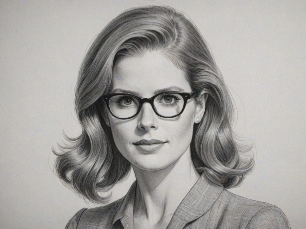 Comely Sarah Rafferty, pencil sketch, portrait of Enchanting woman 1949s in glasses, hair style beatnik, outline, clear lines, fine lines, 8k