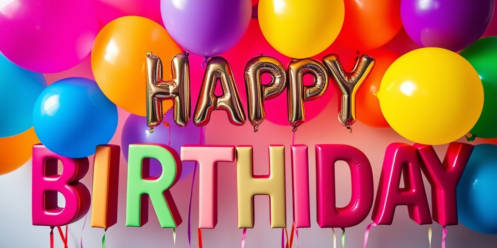 Create a vibrant birthday-themed image featuring colorful balloons in various shades, large bold letters spelling "HAPPY BIRTHDAY", soft bokeh background, shot with a Canon EOS 5D Mark IV, aperture f/2.8, shutter speed 1/100s, ISO 200, capturing a bright and cheerful atmosphere.