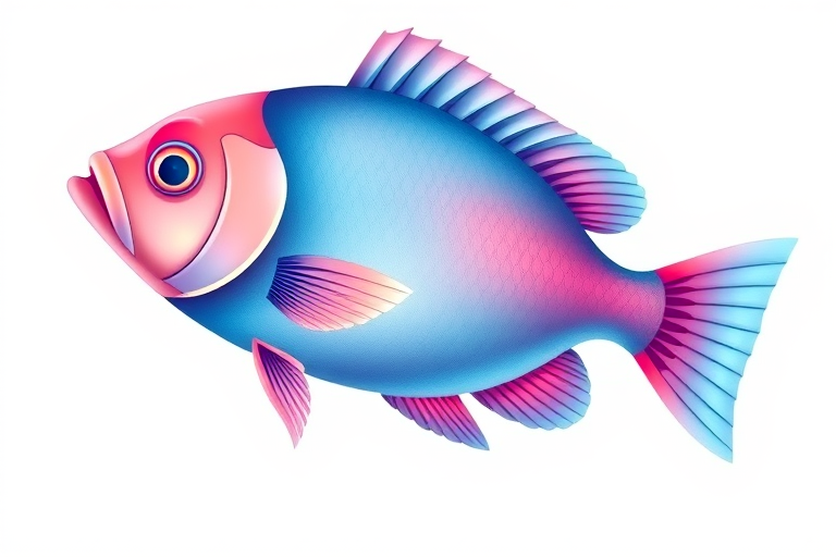 high-resolution illustration of a stylized fish with smooth gradient colors, vibrant blue and pink, detailed fins, white background, shot with a DSLR camera at f/2.8, ISO 100, 50mm lens, top-down view, shot in natural light for enhanced clarity and depth.