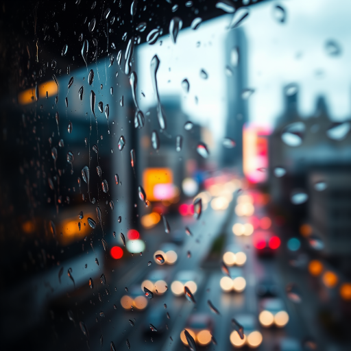 capture a vibrant cityscape through a rain-covered window focusing on colorful bokeh lights in the background, use a DSLR camera with a 50mm lens, aperture set to f/2.8, ISO 400, shutter speed 1/60 sec, soft focus style
