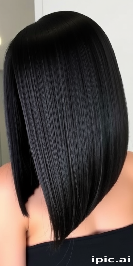 Sleek jet-black hip-length hair with blunt ends, pin-straight styling showcasing mirror-like shine, embodying timeless elegance and sophistication
