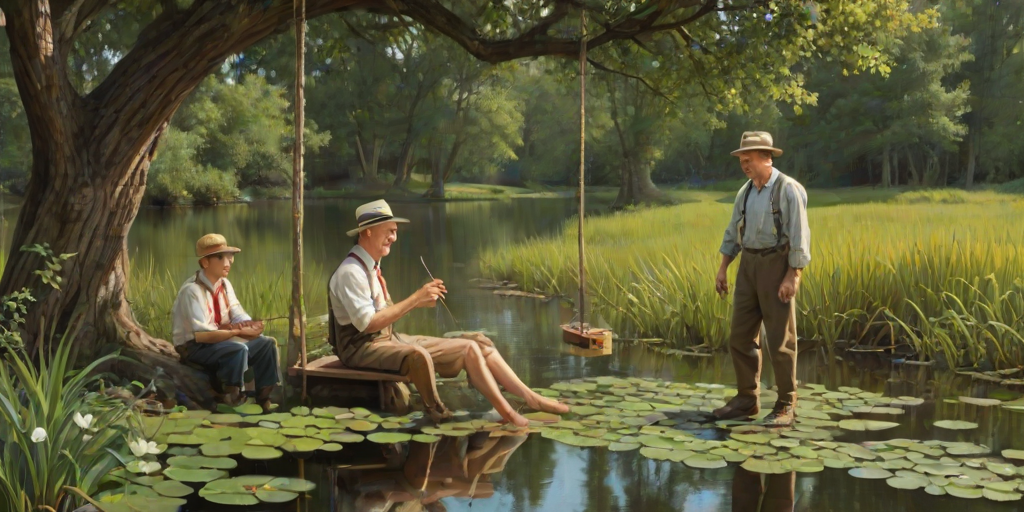 Imagine a small group of old fashioned young boys out fishing by the creek, a swing hanging from a tree branch, reeds and grasses by the water's edge, a frog sitting on a lily pad, dragonflies hovering over som water plans, a very iconic old fashioned scene reminiscent of a Norman Rockwell painting style