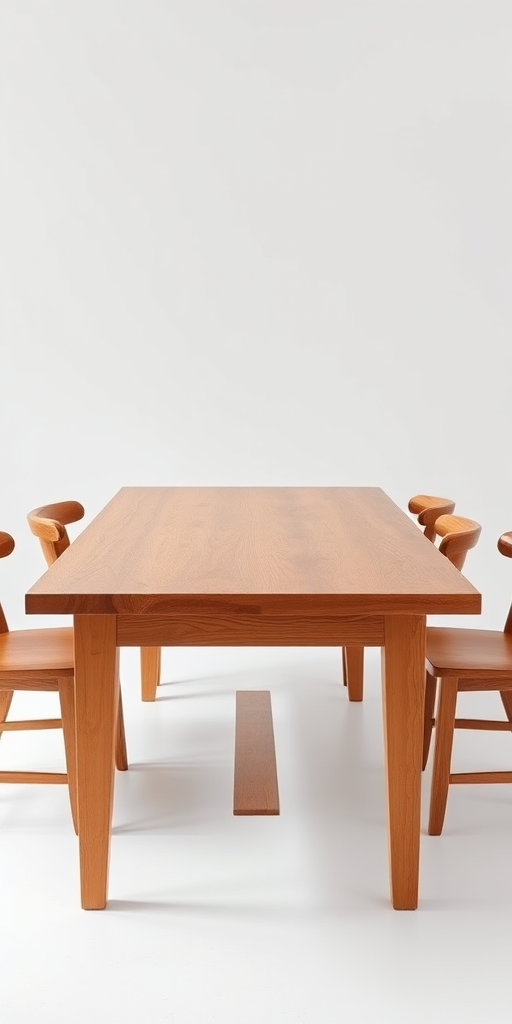 Generate a high-resolution image of a wooden dining table, featuring a natural wood finish, with soft shadowing on a white background, taken in a studio with a DSLR camera set to f/2.8 aperture, ISO 100, and 1/125 sec shutter speed, using a wide-angle lens for an artistic perspective.