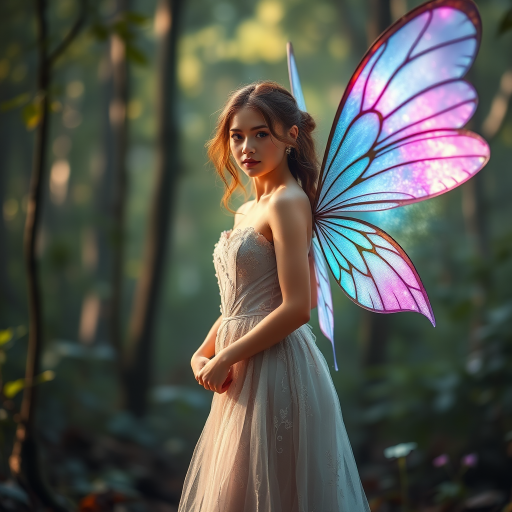 A magical fairy with iridescent wings standing gracefully in an enchanting forest, soft ethereal lighting, detailed textures on her shimmering dress, captured with a Canon EOS R5 at f/1.8, ISO 100, 50mm lens, shallow depth of field, and a cinematic style.
