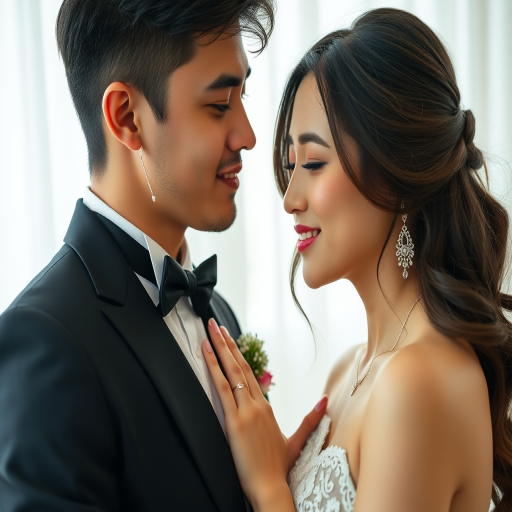 A couple in formal attire posing closely, indoors with soft white background, soft focus to create a romantic atmosphere, using a Canon EOS R5, 85mm f/1.2 lens, aperture f/2.0, ISO 100, shutter speed 1/200 sec, natural lighting.