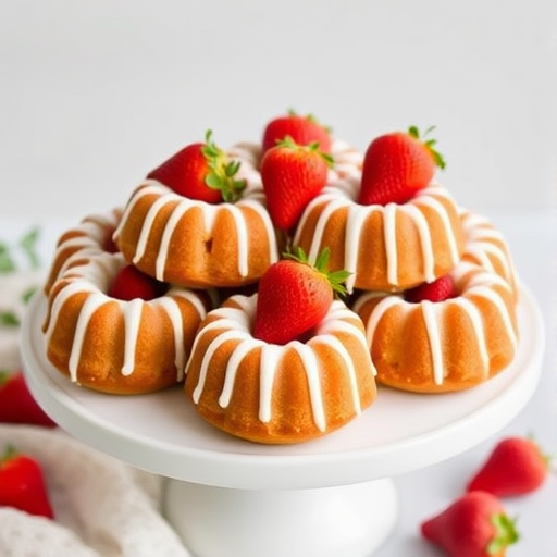 A beautifully arranged display of mini bundt cakes topped with fresh strawberries and drizzled with white icing on a white cake stand with a soft, neutral background and a hint of greenery.