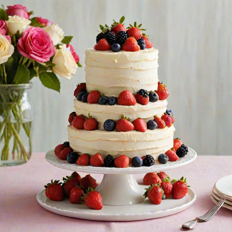 Create a vibrant and inviting image of a three-tiered cake adorned with fresh strawberries, blueberries, blackberries, and a light cream frosting. The cake should be placed on a beautiful cake stand, surrounded by elegant dishes and a vase of colorful flowers in the background. The setting should be bright and airy, evoking a sense of celebration and sweetness.