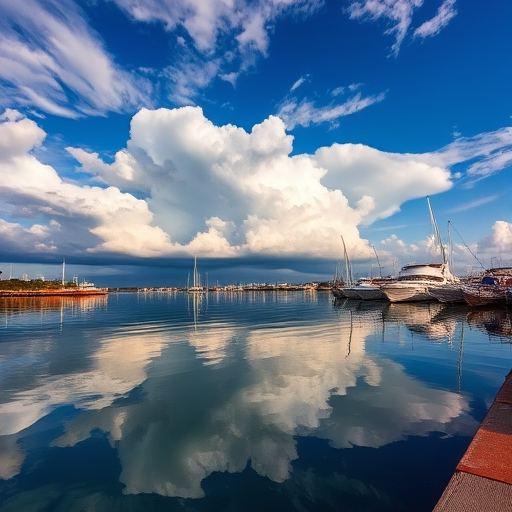 Capture a vibrant waterfront scene with dramatic clouds reflecting on calm water, using a DSLR camera with a 24mm lens, aperture f/8, ISO 100, shutter speed 1/250s, shot from a slightly elevated perspective to enhance depth, in bright daylight to bring out colors.