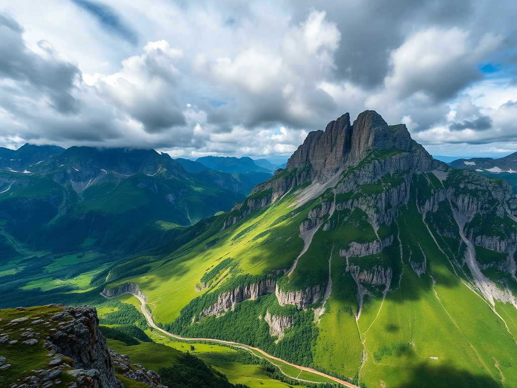 aerial view of a mountainous landscape with lush green valleys and rocky peaks under a dramatic sky, shot with a Canon EOS R5 at 24mm, f/8 aperture, ISO 100, using a polarizing filter for enhanced color saturation and contrast, capturing the vibrant textures and details in the scene