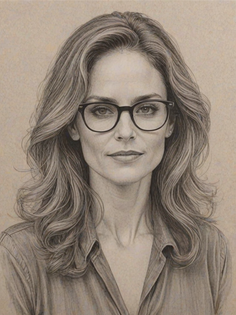 Gorgeous Amy Brenneman, pencil sketch, portrait of Pleasing woman 1977s in glasses, hair style beatnik, outline, clear lines, fine lines, 8k