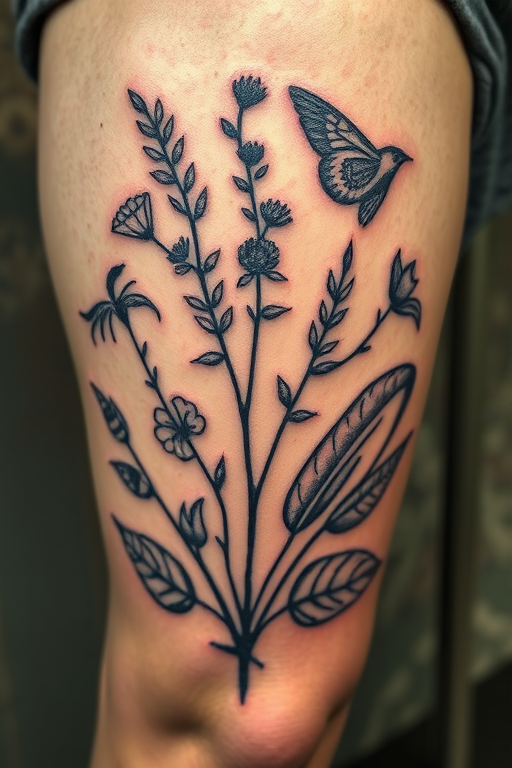 Rustic woodcut-inspired tattoo named "Nature's Wisdom" featuring detailed illustrations of native flora and fauna with a weathered, engraved appearance, symbolizing a connection to the natural world on the thigh