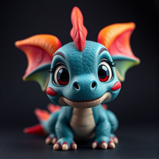 create a cute cartoon dragon character with vibrant colors, large expressive eyes, and textured scales, captured in 4K resolution using a Canon EOS R5 with a 50mm lens, f/1.8 aperture, ISO 200, and a low angle view to emphasize cuteness and detail, in a soft studio lighting setup with a dark gradient background to highlight the dragon's features