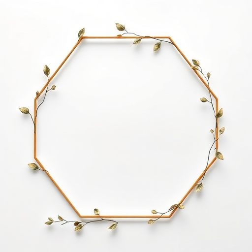 Regenerate a modern, elegant design featuring a hexagonal frame decorated with delicate leaves in a minimalist style, using a Canon EOS 5D Mark IV with a 50mm lens at f/2.8, ISO 100, 1/250s, shot from a top-down view in natural light for enhanced quality.