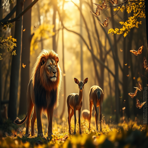 a majestic lion and a curious deer standing in a sunlit forest clearing, surrounded by shimmering butterflies and golden light filtering through the trees, shot with a Canon EOS R5, 50mm lens, f/1.8, ISO 100, soft focus background for depth, using natural light for a warm and ethereal atmosphere