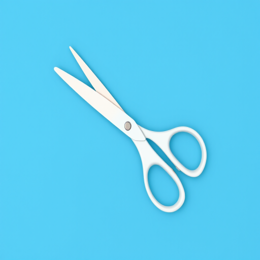 Create a digital illustration of a pair of white scissors on a solid blue background, using a Canon EOS R5, 50mm lens, aperture f/2.8, ISO 100, and focus on sharp details and vibrant colors.
