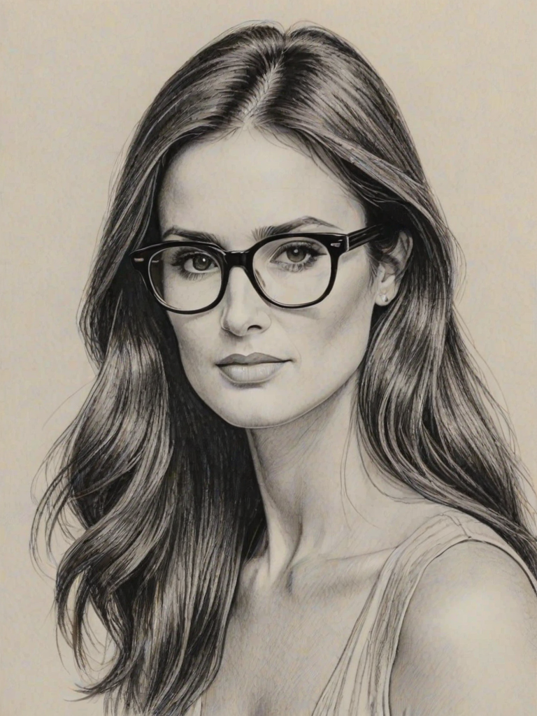 Alluring Demi Moore, pencil sketch, portrait of Ravishing woman 1970s in glasses, hair style beatnik, outline, clear lines, fine lines, 8k