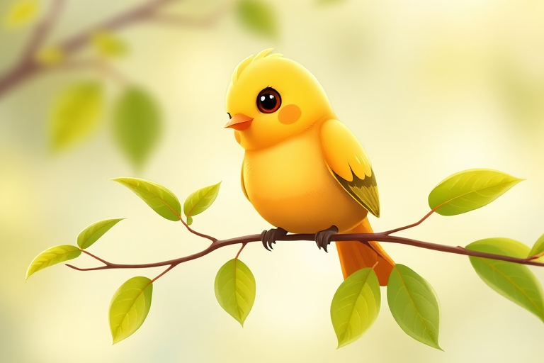 A cute cartoon yellow bird perched on a branch with green leaves, high-resolution, 50mm lens, f/2.8 aperture, 1/200s shutter speed, vibrant colors, soft focus background, digital art style.