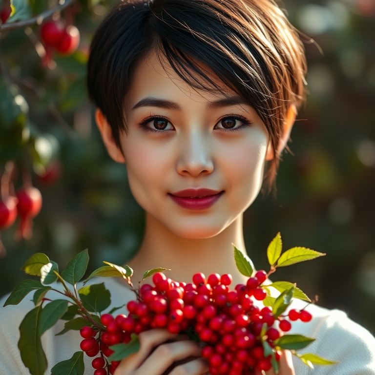 Portrait of a young woman with short black hair holding a bouquet of red berries, soft natural lighting, f/2.8 aperture, 85mm lens, ISO 100, shallow depth of field, captured from a 45-degree angle, using a DSLR camera.