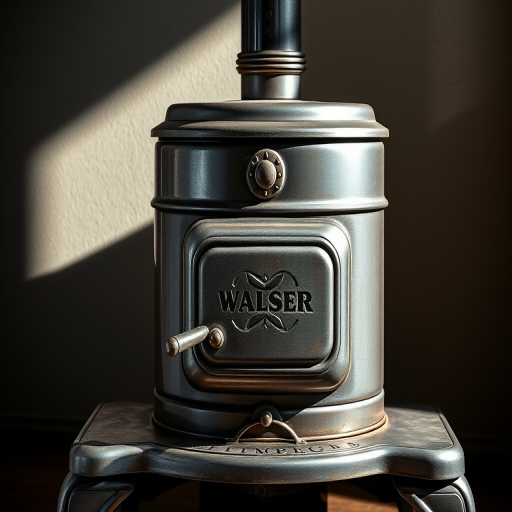 Create a high-resolution digital illustration of a vintage wood stove with a shiny metallic finish, focusing on realistic textures and shadows, shot with a DSLR camera at an aperture of f/8, ISO 200, 50mm lens, using a three-point lighting setup for enhanced details and depth.