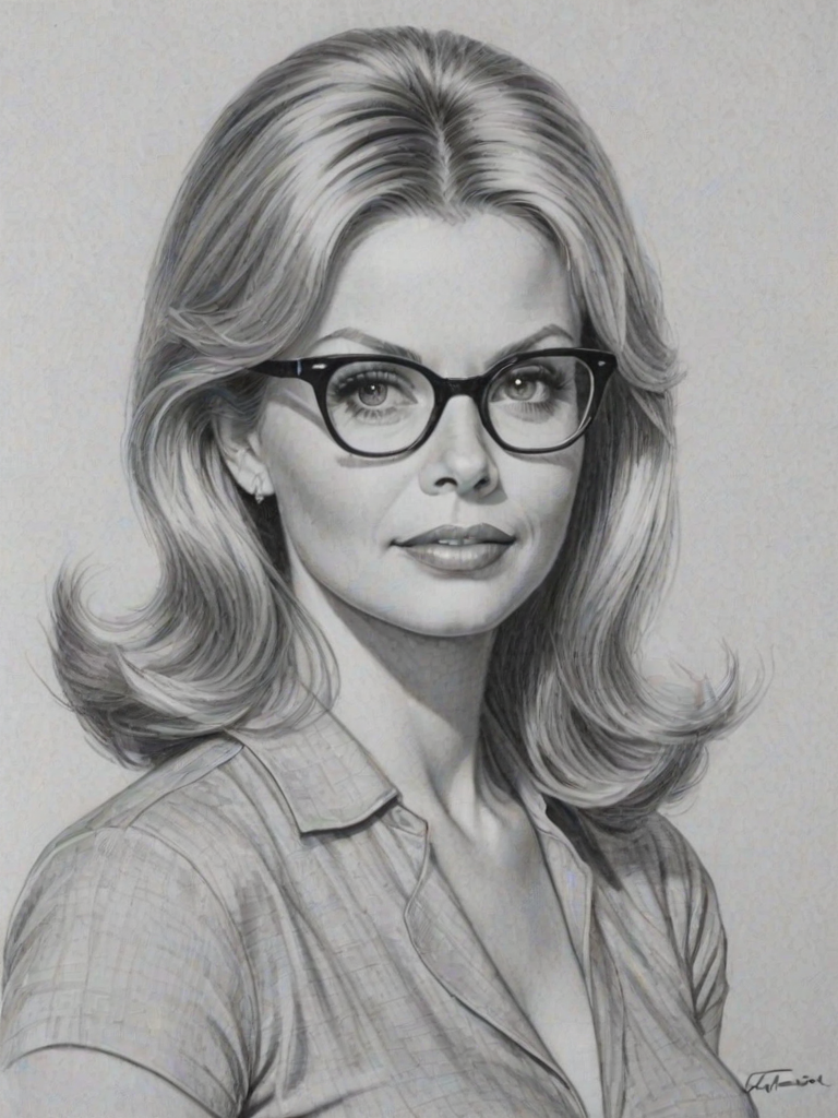 Dazzling Faith Ford, pencil sketch, portrait of Bewitching woman 1959s in glasses, hair style beatnik, outline, clear lines, fine lines, 8k