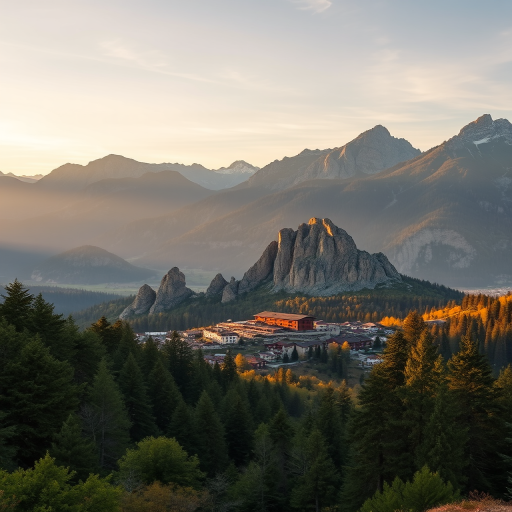 Capture a panoramic landscape of a mountain village surrounded by lush trees and dramatic rocky peaks, using a DSLR camera with a wide-angle lens, aperture set to f/8 for depth of field, ISO 200 for clarity, and a shutter speed of 1/250 seconds to freeze motion, taken during the golden hour for warm light enhancement.