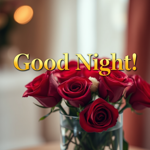 Create an image with the text "Good Night!" in golden Garamond font, placed atop a delicate vase filled with vibrant red roses, with soft focus and warm lighting effects.