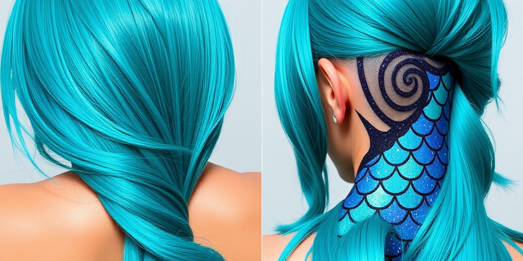 Vibrant teal and turquoise mermaid-inspired locks form a mesmerizing "Ocean Depths" look, with long, sleek strands that shine like sunlight on tropical waters. The hair is parted dramatically to one side, revealing an undercut adorned with intricate, scale-like patterns in shades of deep blue and seafoam green. Iridescent glitter adds a magical touch to this bold, eye-catching style.