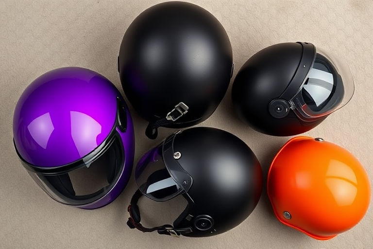 Generate an image featuring four motorcycle helmets: a glossy purple open-face helmet, a matte black full-face helmet, a vintage black half helmet with a visor, and an orange vintage half helmet; camera settings: f/4 aperture, 1/60 sec shutter speed, ISO 400; camera view: overhead flat lay; camera style: enhanced color saturation; camera type: DSLR.