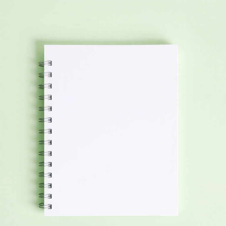 Create an image of a blank notepad with a light green background and spiral binding, taken with a DSLR camera at f/8 aperture, 50mm lens, 1/125s shutter speed, in natural light for enhanced detail and clarity.