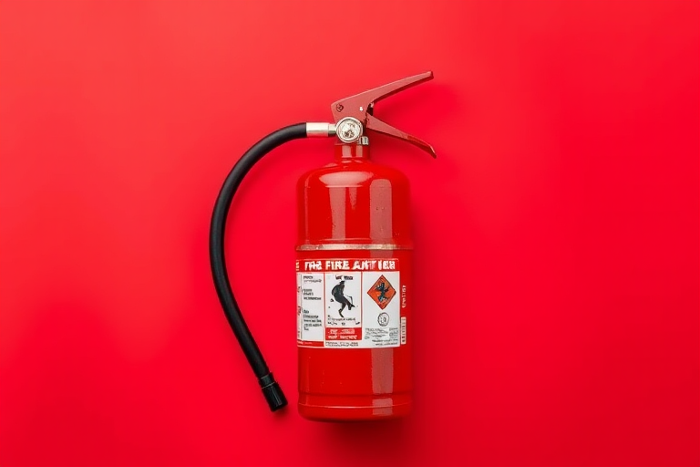 Create a high-resolution image of a fire extinguisher against a bright red background, using a DSLR camera with a 50mm lens at f/4 aperture, ISO 100, and 1/125 sec shutter speed, in a flat lay style for clarity and emphasis on details.