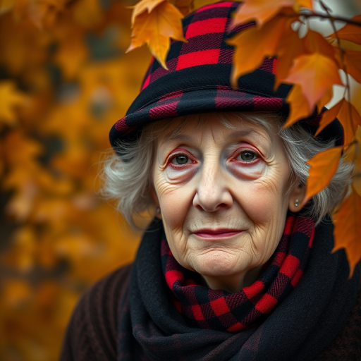 portrait of an elderly woman with grey hair wearing a black and red checkered hat and scarf, surrounded by autumn leaves, shot with a Canon EOS R5 at 85mm f/1.2, ISO 100, natural light, shallow depth of field to emphasize subject against blurred background