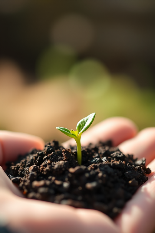 A close-up shot of a hand holding a small mound of dark soil with a green sprout emerging, soft focus background, natural lighting emphasizing the sprout, f-stop of 2.8, ISO 100, shutter speed 1/60s, shot on a DSLR camera with a 50mm lens.