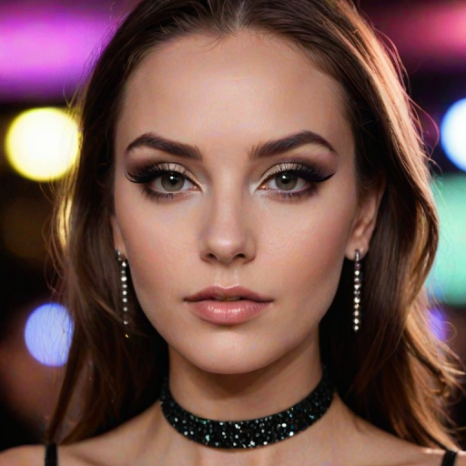 High res waist up portrait photo of a woman directly facing the camera with eye-makeup featuring glittery eye-shadow and clear glossy lip-gloss. She is looking at the camera with a slight seductive look. She is wearing a thin string-like black choker and hoop earrings. In the background is a nightclub scene out of focus.