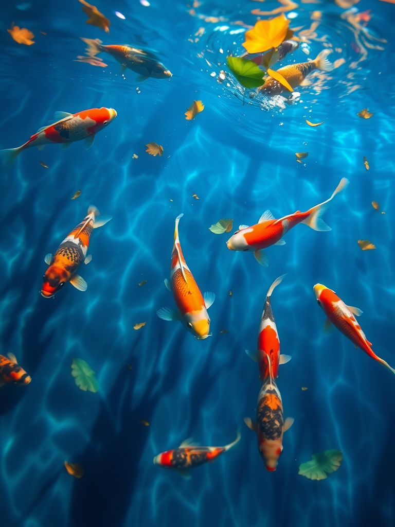 Create a serene underwater scene featuring colorful koi fish swimming gracefully in clear blue water surrounded by gentle ripples and floating leaves with sunlight filtering through the surface creating a tranquil atmosphere.