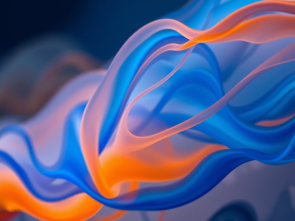 High-resolution abstract image of blue and orange flowing colors, soft focus, Canon EOS R5, 50mm lens, f/1.8, ISO 100, natural lighting.