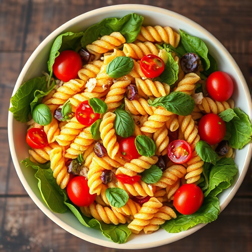 a vibrant bowl of mixed salad with colorful spiral pasta, fresh greens, cherry tomatoes, and a light dressing, shot with a Canon EOS R5, 50mm lens, aperture f/2.8, ISO 200, natural lighting, top-down view for sharp detail and vivid colors
