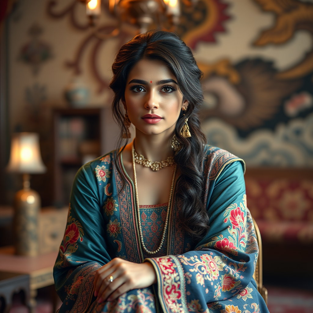 A beautiful Pakistani woman in traditional East Asian attire, intricately detailed with embroidered patterns, sitting gracefully in a richly decorated room, soft ambient lighting, serene and elegant, ultra-realistic, 8K resolution
