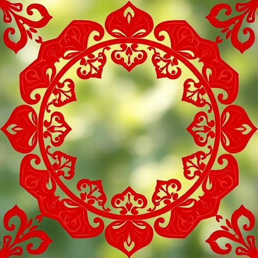 vibrant red ornamental frame design with intricate floral patterns, high-resolution, macro lens, f/2.8 aperture, ISO 100, 50mm lens, soft natural lighting, circular composition