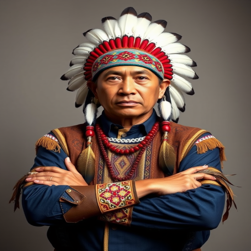 Create a dignified portrait of a Native American man dressed in traditional attire. He wears a beautifully crafted headdress adorned with white feathers and red beads, along with a beaded headband featuring intricate patterns. His clothing includes a deep blue, patterned shirt and a traditional chest piece with detailed beadwork. His arms are crossed, displaying leather armbands decorated with feathers. The background is simple and neutral, emphasizing his proud and stoic expression. The overall image captures the rich cultural heritage and strength of his persona.