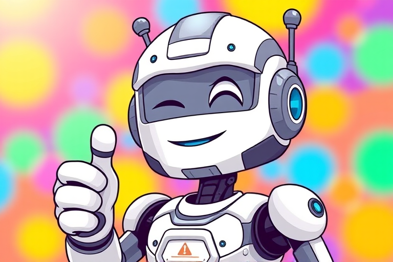 Create a vibrant cartoon-style image of a friendly humanoid robot with a playful expression, winking and giving a thumbs up, set against a bright, colorful background; use a high-resolution camera with a focal length of 35mm, aperture set to f/4.0, ISO 100, and a slightly blurred background for depth.