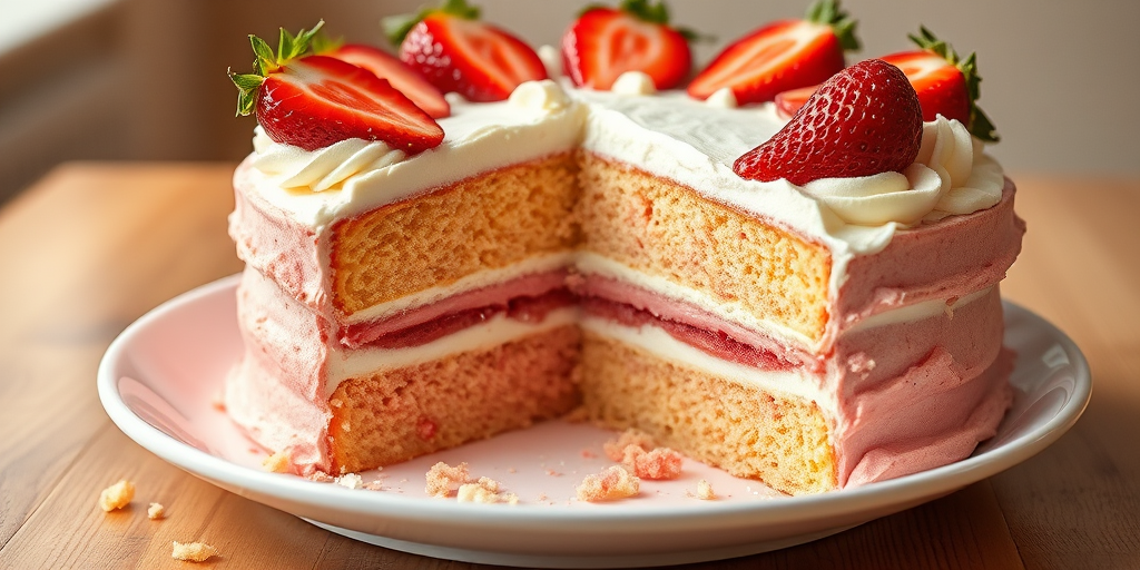 A delicious layered cake with pink and yellow sponge cake, topped with whipped cream and fresh strawberries, with crumbs scattered around on a white plate. The cake has a slice taken out, revealing its layers inside, and there is a warm light in the background.