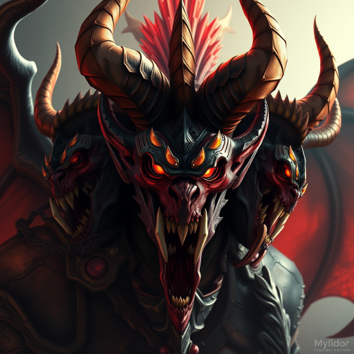 Create a highly detailed digital illustration of a fierce demon with multiple heads and large horns, showcasing intricate armor and vibrant colors, using a Canon EOS 5D Mark IV with a 24-70mm f/2.8 lens, setting aperture to f/4, ISO 100, and shutter speed 1/125s, captured from a low angle to enhance depth and drama in a realistic style.