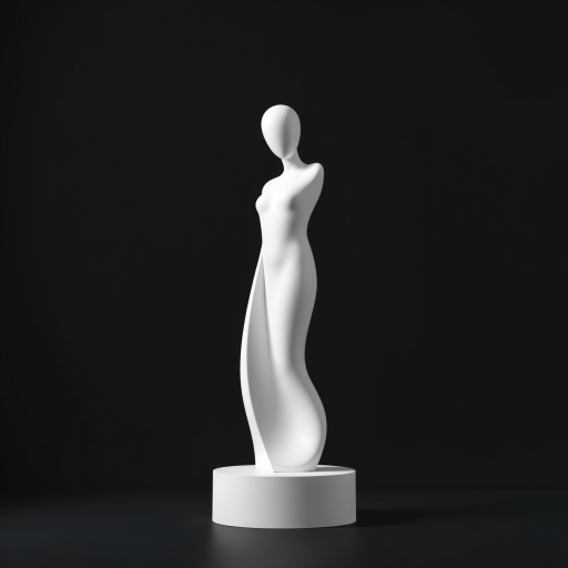 Create a high-resolution digital illustration of a minimalist white sculpture standing against a black background with soft lighting, using a Canon EOS R5 camera with a 50mm f/1.2 lens, aperture set to f/4, ISO 100, at a 45-degree angle view to enhance depth and shadow details.