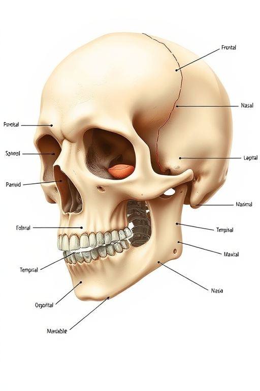 Create a detailed illustration of a human skull with labeled bones including Frontal, Parietal, Sphenoid, Ethmoid, Nasal, Lacrimal, Maxilla, Temporal, Occipital, Zygomatic, and Mandible, using a high-resolution digital art style, simulated natural lighting, 35mm lens, and a clear focus on anatomical accuracy.